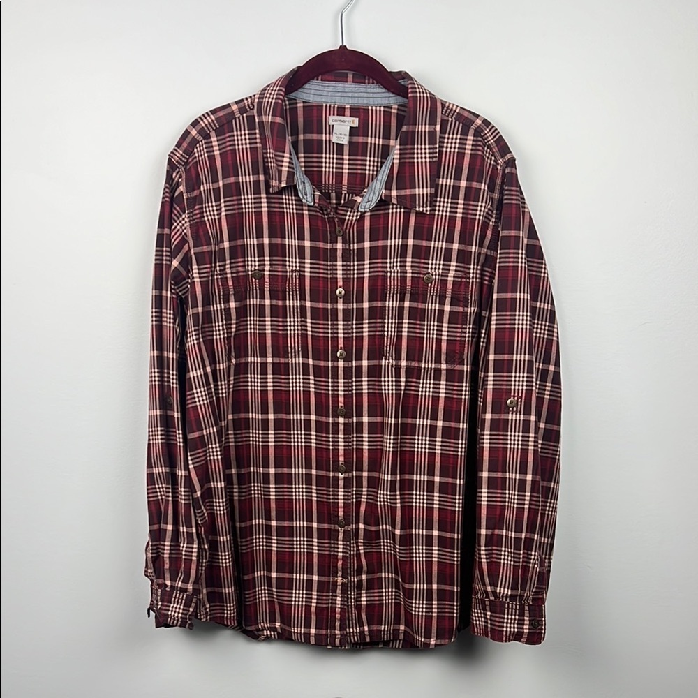 Carhartt plaid flannel button down XL women’s roll tab sleeve shirt
